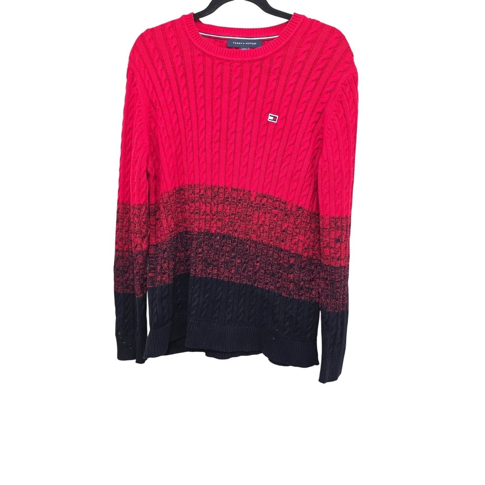 Tommy Hilfiger Women's XXL Red & Black Cable Knit Cotton Sweater Long Sleeve Gra